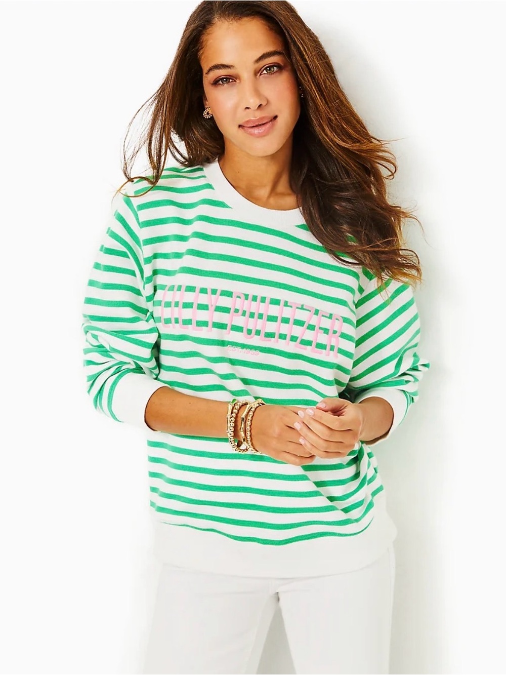 Lilly Pulitzer, NWT Green & White Striped Logo Crewneck Sweater w Pink Logo s XS